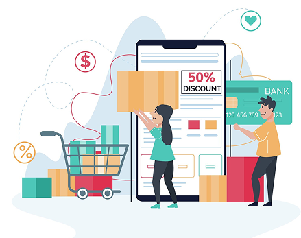 Shopping cart and people with discount